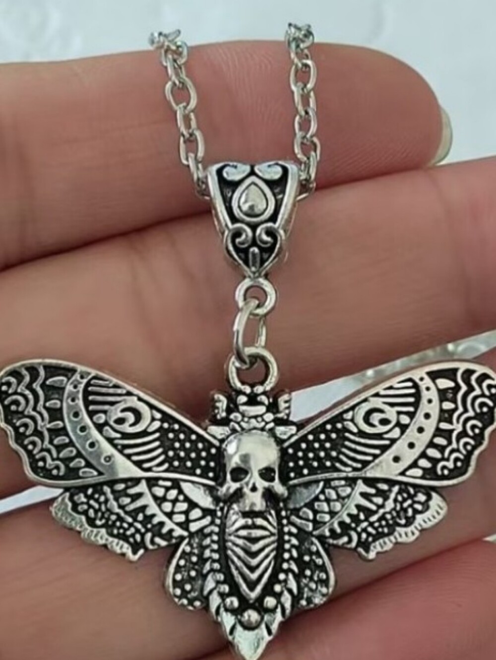 Silver Moth Skull Pendant Necklace - Gothic Women's Jewelry New